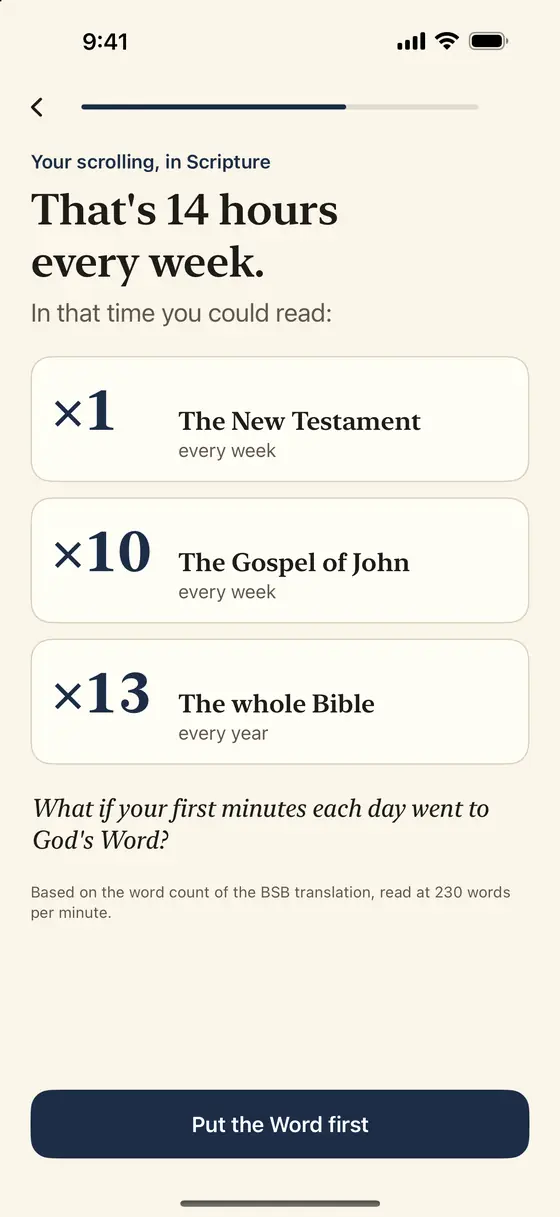 Psalmlock screen: 14 hours every week equals the New Testament once, the Gospel of John ten times, the whole Bible thirteen times a year