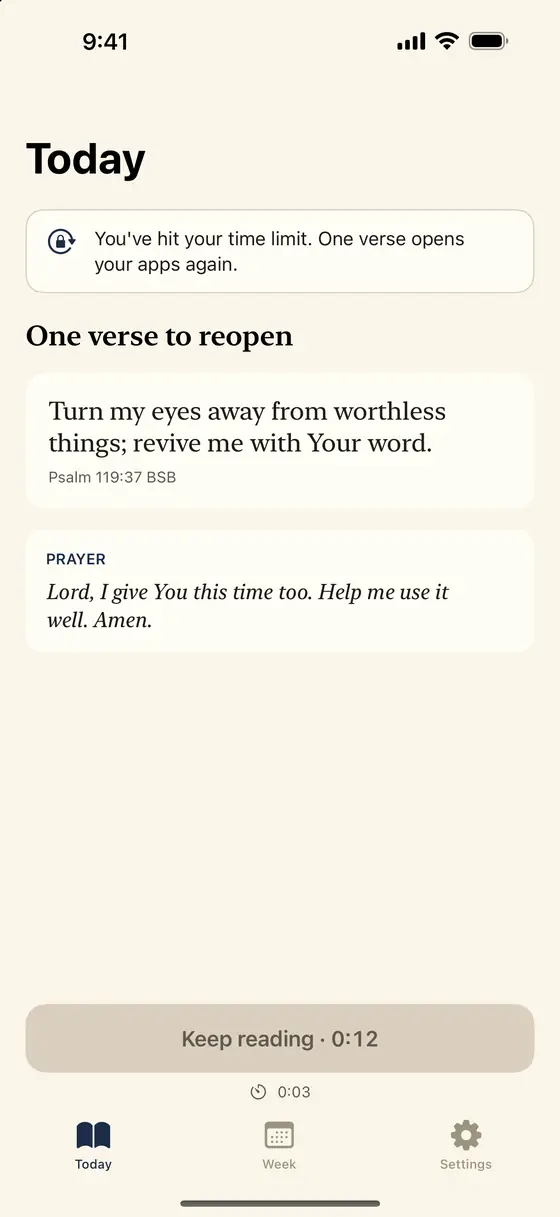 Psalmlock relock screen: one verse to reopen, Psalm 119:37 BSB, and a short prayer