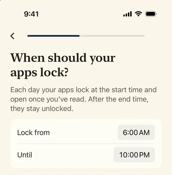 Psalmlock setup screen: When should your apps lock? Lock from 6:00 AM until 10:00 PM