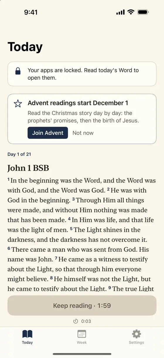 Psalmlock's Today tab with a card: Advent readings start December 1, Join Advent