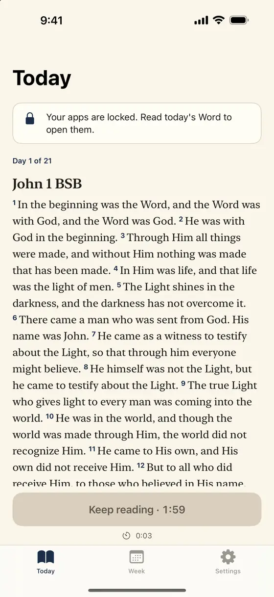 Psalmlock's Today tab: John 1 BSB, day 1 of 21