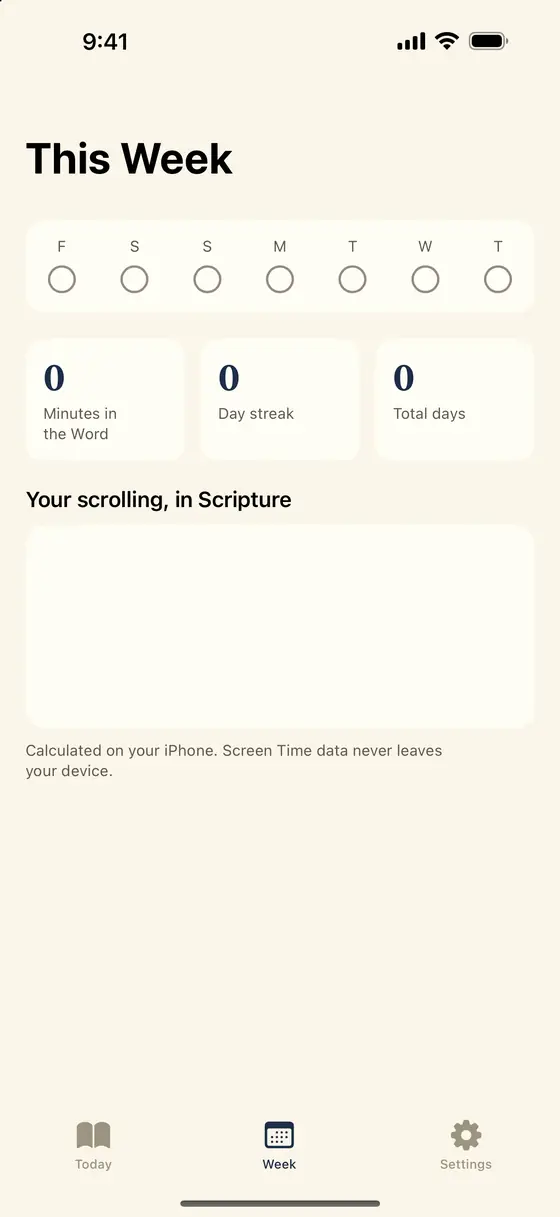 Psalmlock's Week tab: minutes in the Word, day streak, total days, and your scrolling in Scripture