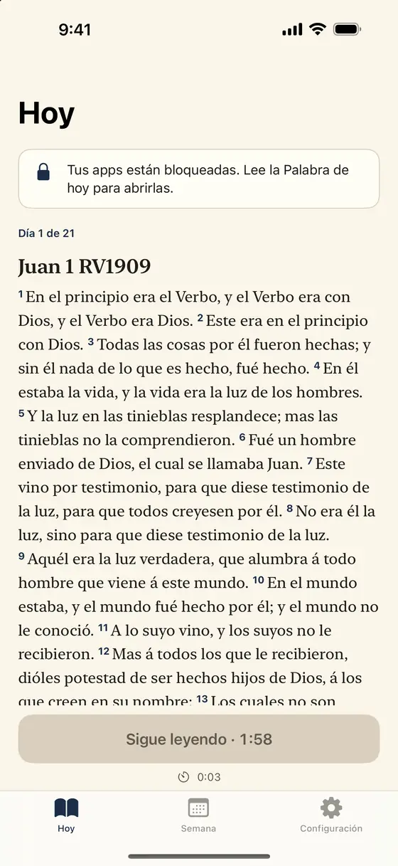 La pestaña Hoy de Psalmlock con el pasaje del día y un temporizador