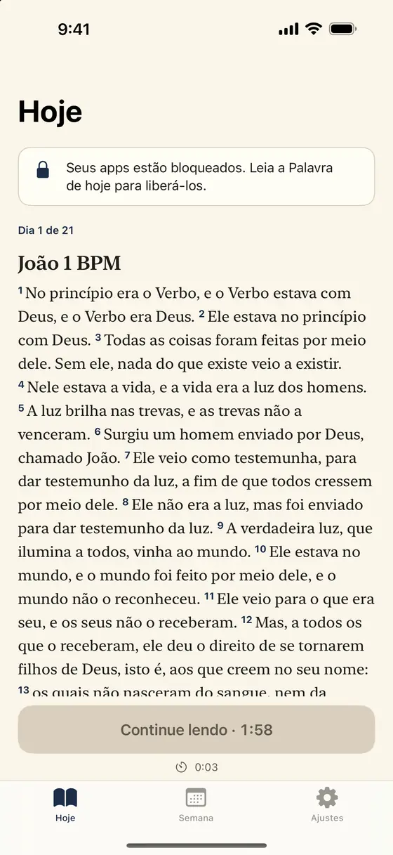 A aba Hoje do Psalmlock com o trecho do dia e um cronômetro